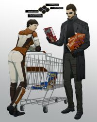  1boy 2011 adam_jensen ass beard bodysuit brown_hair cereal coat commentary_request couple cyberpunk cyborg deus_ex deus_ex:_human_revolution facial_hair faridah_malik female gameplay_mechanics gb_(doubleleaf) gloves gnome good_end highres mole photoshop_(medium) pilot_suit science_fiction shopping shopping_cart short_hair simple_background straight sunglasses trench_coat 