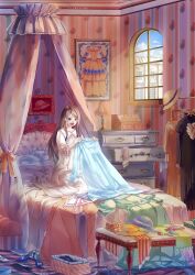  bad_id bad_pixiv_id bed blue_eyes brown_hair checkered_floor clothes female flower gift hat highres indoors lamp long_hair original photoshop_(medium) rose shoes sitting skoooon solo striped table window 