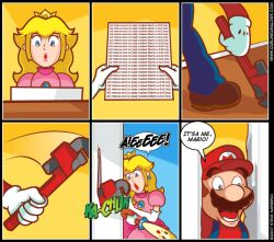  blonde_hair blue_eyes break brown_hair crown dated door english facial_hair female female gloves hard_translated here&#039;s_johnny! male mario monkey_wrench monky_wrench moustache nintendo paordy parody perry plumber princess princess_peach screaming steve_napieski super_mario_bros. super_princess_peach suspenders the_shining translated umbrella web_address 