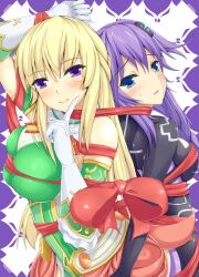  2girls arm_up blonde_hair blue_eyes blush bondage bondage bound breasts cheek_poking commentary_request gloves half_updo large_breasts multiple_girls neptune_(series) poking purple_eyes purple_hair purple_heart_(neptunia) ribbon smile sweatdrop vert_(neptunia) ysnonnon 