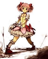  arrow_(projectile) bow commentary_request dress female frills gloves hairbow highres holding kaname_madoka kaname_madoka_(magical_girl) kyuubee mahou_shoujo_madoka_magica mahou_shoujo_madoka_magica_(anime) photoshop_(medium) pink_eyes pink_hair short_twintails smile soul_gem tail twintails uzaki_(jiro) 