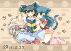  animal_ears anime ash black_hair blue_eyes blue_hair cat_ears cat_tail cats couple dawn dawn_(pokemon) feline hikari lolicon long_hair love pokemon pokemon_(anime) satoshi satoshi_(pokemon) tail 