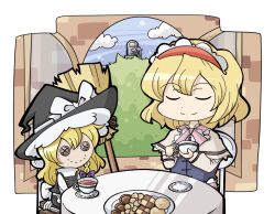  alice_margatroid bad_id bad_pixiv_id broom character_doll closed_eyes cookie female flower food grave hat kirisame_marisa kuzugitsune_(inarikami) smile solo tea tea_party touhou witch_hat 