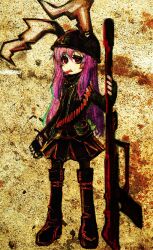  :&lt; @_@ akasia ammunition_belt animal_ears carrot commentary_request ears_through_headwear female fingerless_gloves gloves gun helmet long_hair pantyhose purple_hair rabbit_ears red_eyes reisen_udongein_inaba skirt solo touhou weapon 