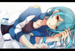  1boy androgynous blue_hair commentary_request inazuma_eleven inazuma_eleven_(series) kazemaru_ichirouta letterboxed long_hair lying male_focus on_side orange_eyes solo yorozuyozu 