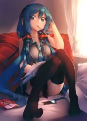  aqua_eyes aqua_hair bare_shoulders black_thighhighs commentary_request digital_media_player female food garuku hatsune_miku headphones highres ipod long_hair mouth_hold necktie paper pencil photoshop_(medium) pocky sitting skirt solo thighhighs twintails very_long_hair vocaloid 