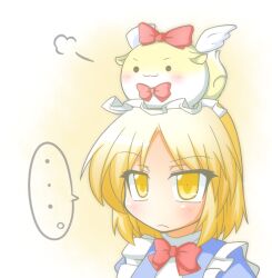  :3 blonde_hair blush bow commentary_request cop_(shokkidana) female gengetsu_(touhou) maid maid_headdress mugetsu_(touhou) red_bow short_hair sigh simple_background solo sukusuku_hakutaku touhou touhou_(pc-98) yellow_eyes 