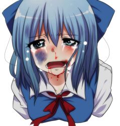  abuse betrayal blood blood_in_mouth blood_on_face blue_bow blue_dress blue_eyes blue_hair bow bruise bruise_on_face cirno commentary_request crying crying_with_eyes_open dress female hairbow injury looking_at_viewer neck_ribbon negiko nosebleed open_mouth red_ribbon ribbon shirt short_hair sobbing solo tears touhou upper_body 