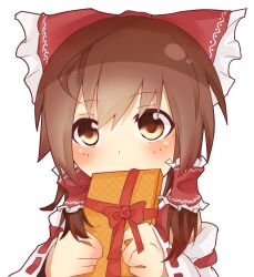  blush bow box brown_eyes brown_hair commentary_request female gift gift_box hair_tubes hairbow hakurei_reimu red_bow scarf solo tosura-ayato touhou 