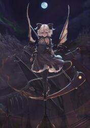  absurdres black_pantyhose blue_eyes blue_moon bow castle commentary_request demon_tail demon_wings dress female full_moon hairbow highres low_wings mizore_akihiro moon on_top_of_pole original pantyhose photoshop_(medium) scythe short_hair solo tail weapon white_hair wings wrist_cuffs 