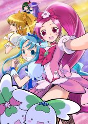  5girls bad_id bad_pixiv_id blonde_hair blue_eyes blue_hair bow brooch choker chypre_(heartcatch_precure!) clenched_hand coffret_(heartcatch_precure!) cure_blossom cure_marine cure_moonlight cure_sunshine dark_precure earrings green_hair grin group_picture hanasaki_tsubomi heart heart_brooch heartcatch_precure! high_ponytail jewelry kurumi_erika long_hair looking_at_viewer magical_girl multiple_girls myoudouin_itsuki ooshima_tomo open_mouth orange_choker pink_bow pink_choker pink_eyes pink_hair ponytail potpourri_(heartcatch_precure!) precure purple_hair short_hair smile tsukikage_yuri wide_ponytail wrist_cuffs yellow_eyes 