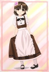  1boy blush brown_eyes brown_hair chunpai commentary_request cosplay crossdressing little_busters! looking_at_viewer maid male_focus male_maid naoe_riki smile solo 