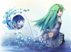  2girls bare_shoulders blue_hair commentary_request detached_sleeves furoaoba green_hair long_hair luca_(seiken_densetsu) multiple_girls polearm seiken_densetsu seiken_densetsu_2 tiara trident undine_(seiken_densetsu) water weapon 