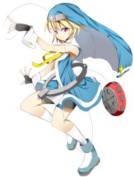  1boy aa44 blonde_hair blue_footwear boots bridget commentary_request cross cuffs fingerless_gloves full_body gloves guilty_gear guilty_gear_xx habit handcuffs highres male_focus nun otoko_no_ko pink_eyes short_hair simple_background smile solo white_background 