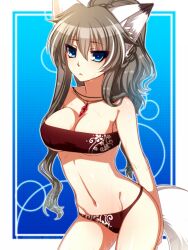  animal_ears bare_shoulders bikini blue_eyes breasts brown_hair cleavage commentary_request female fox_ears fox_tail groin jewelry konshin long_hair looking_at_viewer medium_breasts navel necklace nerine_potypukka pixiv_fantasia pixiv_fantasia_5 solo strapless swimsuit tail tube_top wet 