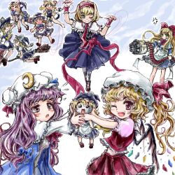  3girls aged_down alice_margatroid ammunition_belt apron ascot blonde_hair blue_eyes blush boots bow braid broom broom_riding capelet character_doll commentary_request crescent doll dress flandre_scarlet gatling_gun grey_legwear gun hairband hat hat_bow kirisame_marisa lolicon long_hair multiple_girls nanashii_(soregasisan) oerba_yun_fang one_eye_closed open_mouth pantyhose patchouli_knowledge purple_eyes purple_hair red_eyes ribbon shanghai_doll short_hair side_ponytail skirt smile string touhou weapon wings witch_hat 