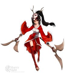  akali akali_(legacy) artist_name bandages black_hair blood_moon_(league_of_legends) blood_moon_akali brown_eyes commentary dual_wielding eyeshadow female highres holding kate_wong league_of_legends long_hair makeup mask ninja photoshop_(medium) ponytail solo standing thighhighs weapon web_address zettai_ryouiki 