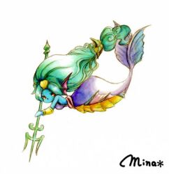  blue_skin breasts colored_skin commentary_request female fins full_body green_hair head_fins holding holding_trident holding_weapon long_hair lowres mermaid minako_ringo monster_girl photoshop_(medium) polearm red_eyes seiken_densetsu seiken_densetsu_2 simple_background solo trident undine_(seiken_densetsu) weapon white_background 