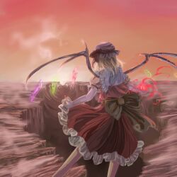  back_bow bad_id bad_pixiv_id bow feet_out_of_frame female flandre_scarlet frilled_skirt frills from_behind hat hat_ribbon hole mob_cap noko_(49000dpho914000dzon) outdoors puffy_short_sleeves puffy_sleeves red_ribbon red_skirt red_vest ribbon shirt short_sleeves skirt skirt_hold skirt_set smoke solo touhou vest white_hat white_shirt 