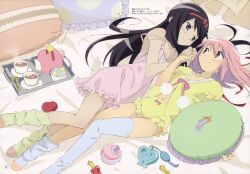  2girls absurdres akemi_homura bed_sheet black_hair blue_eyes blue_thighhighs blush bottle bow bowl candy chemise couple cup drink dutch_angle eye_contact flat_chest food frills from_above fur_trim hair_between_eyes hair_down hair_ribbon hair_spread_out hairband highres holding_hands indoors kaname_madoka legs lingerie long_hair looking_at_another loose_socks loose_thighhigh lying mahou_shoujo_madoka_magica mahou_shoujo_madoka_magica_(anime) makeup midriff motoyawata_chuuzou multiple_girls navel official_art on_back on_bed on_side open_clothes open_shirt pajamas perfume_bottle pillow pink_eyes pink_hair ribbon scan shirt short_shorts shorts smile sock_pull socks spoon steam strap_slip tea teacup teapot thighhighs time_paradox tray underwear underwear_only untied very_long_hair yellow_legwear yuri 