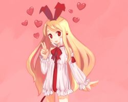  animal_ears blonde_hair detached_sleeves disgaea drawfag female flonne flonne_(fallen_angel) heart leotard long_hair makai_senki_disgaea oerba_yun_fang rabbit_ears red_eyes red_leotard smile solo v 