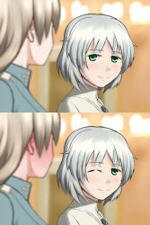  2girls blush eila_ilmatar_juutilainen highres multiple_girls parody russia sanya_v_litvyak strike_witches uniform vladimir_putin wink yuri 