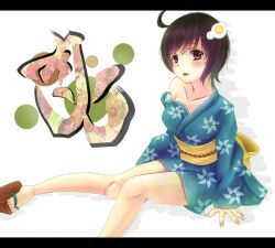  aqua_kimono araragi_tsukihi bad_id bad_pixiv_id black_eyes black_hair egg_hair_ornament female food-themed_hair_ornament hair_ornament japanese_clothes kimono mayuringo monogatari_(series) nisemonogatari off_shoulder sandals short_hair solo 