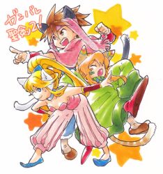  1boy 1other androgynous animal_ears bad_id bad_pixiv_id bare_shoulders capelet cat_ears cat_tail commentary_request female kemonomimi_mode leotard mihoka pink_leotard popoi_(seiken_densetsu_2) primm_(seiken_densetsu_2) randi_(seiken_densetsu_2) seiken_densetsu seiken_densetsu_2 tail translation_request vambraces 