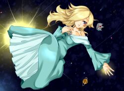  blonde_hair blue_eyes crown dress female hair_over_one_eye long_hair mario_(series) nintendo planet princess_rosalina rosalina_(mario) rosetta_(mario) solo space super_mario_bros. super_mario_galaxy 