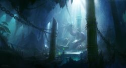  anubis1982918 cave chained chains commentary_request dragon fantasy fire green_fire highres mushroom no_humans original outdoors photoshop_(medium) pillar ruins scales scenery signature stalactite stalagmite sunlight watermark web_address 