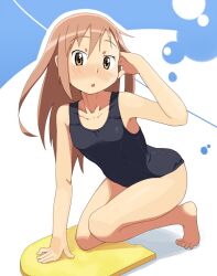  :o arm_support bad_id bad_pixiv_id barefoot brown_eyes brown_hair commentary_request female kickboard kneeling long_hair one-piece_swimsuit original school_swimsuit solo suikasan swimsuit tucking_hair 