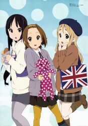  3girls absurdres akiyama_mio beret black_eyes black_hair blonde_hair boots brown_eyes brown_hair casual denim denim_skirt flag_print food grey_legwear hair_ornament hairclip hat highres horiguchi_yukiko imageboard_desourced k-on! k-on!_movie kotobuki_tsumugi multiple_girls non-web_source official_art open_mouth pantyhose polka_dot print_bag round_teeth skirt stuffed_animal stuffed_toy tainaka_ritsu teeth union_jack white_legwear yellow_legwear 