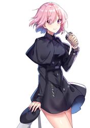  arm_support bendy_straw black_capelet black_coat blush capelet chinese_commentary closed_mouth coat commentary_request cup disposable_cup drinking_glass drinking_straw eyes_visible_through_hair fate/grand_order fate_(series) female fingernails hair_over_one_eye holding holding_cup long_sleeves mash_kyrielight mash_kyrielight_(traveling_outfit) official_alternate_costume pink_hair purple_eyes shanguier short_hair simple_background smile solo standing white_background 