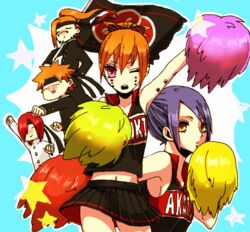  2girls 3boys blue_hair konan lowres multiple_boys multiple_girls nagato_(naruto) naruto naruto_shippuuden orange_hair pain_(chikushoudou) pain_(naruto) pom_poms red_hair wink 