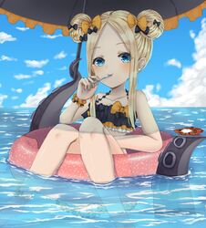  abigail_williams_(emerald_float)_(fate) abigail_williams_(fate) afloat bao_(s_888) bare_arms bare_legs bare_shoulders barefoot bikini black_bikini black_bow black_umbrella blonde_hair blue_eyes blue_sky blueberry blush bow closed_mouth cloud collarbone commentary day double_bun fate/grand_order fate_(series) female fingernails food fork fruit hair_bun hairbow head_tilt highres holding holding_fork horizon long_hair looking_at_viewer ocean official_alternate_costume orange_bow orange_scrunchie outdoors pancake parted_bangs plate polka_dot polka_dot_bow scrunchie sidelocks sky solo suction_cups swimsuit tentacle transparent umbrella utensil_in_mouth water wrist_scrunchie 