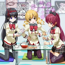  3girls akemi_homura black_hair blonde_hair commentary_request cookie cup drill_hair dyuei floating_screen food glyph hand_on_own_hip indoors kaname_madoka kneeling kyuubee long_hair mahou_shoujo_madoka_magica mahou_shoujo_madoka_magica_(anime) mitakihara_school_uniform multiple_girls oerba_yun_fang pantyhose ponytail purple_eyes red_eyes red_hair sakura_kyoko school_uniform screen tea teacup teapot thighhighs tomoe_mami twin_drills twintails ultimate_madoka yellow_eyes 