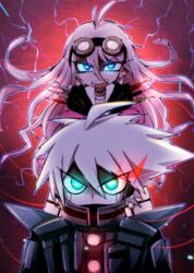  1boy ahoge android barbed_wire black_gloves blue_eyes commentary_request crossed_arms danganronpa_(series) danganronpa_v3:_killing_harmony electricity female fingerless_gloves gloves glowing glowing_eyes goggles goggles_on_head iruma_miu k1-b0 long_hair maguro_no_yukke motherboard open_mouth school_uniform screwdriver serafuku wrench 