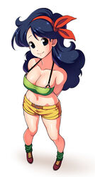  1girls arms_behind_back belt birds_eye_view black_hair blue_eyes blue_hair breasts cleavage cute denim_shorts dragon_ball dragon_ball_(classic) female female_only full_body good_launch hairbow happy large_breasts launch long_hair looking_at_viewer lunch_(dragon_ball) metahuman midriff_baring_shirt navel plain_background revealing_clothes shiny_breasts shiny_skin shorts skimpy smile solo solo_female white_background yellow_bottomwear zeshgolden 