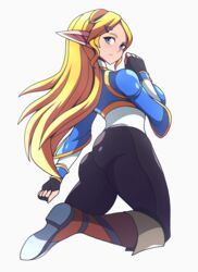  2020 abysswatchers ass blonde_hair blue_eyes boots clothed elf_ears fingerless_gloves fully_clothed hair_clip kneeling long_blonde_hair long_hair looking_back nintendo princess_zelda sideboob the_legend_of_zelda the_legend_of_zelda:_breath_of_the_wild thick_thighs white_background yoga_pants zelda_(breath_of_the_wild) 