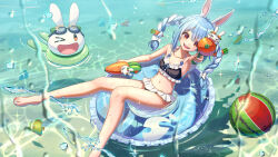  alternate_costume animal_ears ball barefoot beachball bikini bikini_skirt black_bikini blue_hair braid breasts carrot_hair_ornament commentary_request female food-themed_hair_ornament foot_out_of_frame frilled_bikini_top full_body hair_ornament highres hololive innertube long_hair looking_at_viewer multicolored_hair nail_polish ocean on_innertube open_mouth orange_eyes parted_hair pekomon_(usada_pekora) rabbit_ears red_eyes sakumichi sidelocks small_breasts solo spaghetti_strap summer swim_ring swimsuit thick_eyebrows toenail_polish toenails twin_braids twintails two-tone_hair usada_pekora virtual_youtuber water water_gun watermelon_beachball wet white_hair 