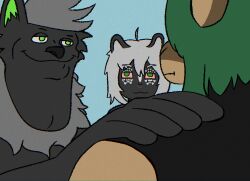  akakichi_no_eleven_redraw akita anthro canid canine canis domestic_dog drugs facial_piercing green_eyes green_hair grey_hair group hair hi_res hybrid kare_rott_(character) mae_peppermint maeowo male mammal markings mephitid neck_tuft nose_piercing piercing skunk spitz stoned substance_intoxication trio tuft white_hair white_markings 