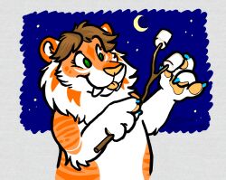  2017 ambiguous_gender anthro blep blue_claws brown_hair candy claws dessert digital_drawing_(artwork) digital_media_(artwork) eyelashes fangs felid flat_colors food fur green_eyes hair half-length_portrait handpaw holding_object holding_stick mammal marshmallow matrices_(artist) moon night nude orange_body orange_fur pawpads paws portrait prehistoric_species saber-toothed_tiger sabertooth_(anatomy) smile snout solo star stick striped_body striped_fur stripes teeth tongue tongue_out white_body white_fur white_inner_ear yellow_nose yellow_pawpads yellow_tongue 