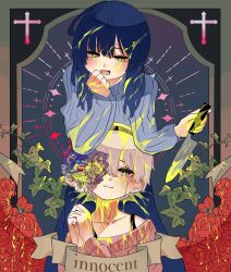  2girls banner behind_another blue_hair blue_skirt blue_sweater blush border bouquet bra_strap collarbone commentary_request creator_connection cross crying crying_with_eyes_open english_text flower flower_over_eye grey_hair hand_to_own_mouth height_difference highres holding holding_knife iyowa_girls kitchen_knife knife latin_cross leaning_on_person long_hair long_skirt looking_at_another looking_at_viewer looking_down mercy_killing_(vocaloid) muko_no_anata_(vocaloid) multiple_girls off-shoulder_sweater off_shoulder one_eye_covered open_mouth ornate_border own_hands_clasped own_hands_together pink_sweater red_flower red_rose ribbed_sweater rose short_hair skirt smile songover standing sweater tears tsukudani_(nimono0815) turtleneck turtleneck_sweater wet yellow_eyes 