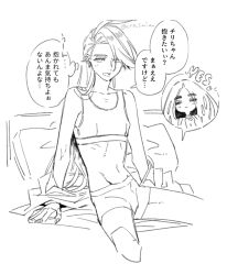  2girls collarbone cowboy_shot cropped_legs geeta_(pokemon) greyscale hair_down long_hair looking_at_viewer monochrome multiple_girls navel on_bed open_mouth pillow pokemon pokemon_sv rika_(pokemon) shougo-akira signature sitting skinny speech_bubble sports_bra sweatdrop swept_bangs thought_bubble translated twitter_username underwear underwear_only white_background yuri 