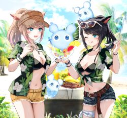  2girls absurdres banana beach belt bikini bikini_top_only black_bikini blue_eyes blue_shorts bowl breasts brown_shorts cleavage commentary_request denim denim_shorts dessert drooling earrings eyewear_on_head feet_out_of_frame final_fantasy final_fantasy_xiv floral_print_shirt food fruit grapes highres holding holding_bowl holding_spoon ice_cream jewelry kiwi_(fruit) kiwi_slice kudoukudokudo licking_lips looking_at_object medium_breasts midriff miqo&#039;te multiple_girls nail_polish navel necklace nixie_(ff14) one_eye_closed orange_(fruit) orange_slice palm_tree photo_background pineapple pineapple_slice sand shorts single_earring spoon star-shaped_pupils star_(symbol) strawberry strawberry_slice sunglasses swimsuit symbol-shaped_pupils tongue tongue_out tree warrior_of_light_(ff14) wristband 