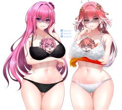  2girls bikini black_bikini breasts changli_(wuthering_waves) cleavage crossover d.d.g_(ddg3420) doro_(nikke) dorothy_(nikke) goddess_of_victory:_nikke highres large_breasts multiple_girls naughty_face pink_hair swimsuit thighhighs white_bikini wuthering_waves 