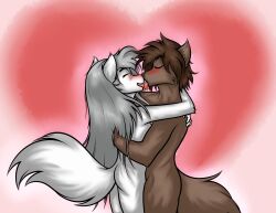  anthro ass big_tail blush blush_lines bodily_fluids brown_body brown_fur brown_hair brown_nose canid canine canis closed_eyes duo female fur grey_hair hair happy heart_symbol hi_res hug hugging_another kissing love male male/female mammal nude pink_nose raine_silverlock raised_tail romantic romantic_couple saliva simple_background skbld smile smiling_at_partner tail tongue tongue_out twokinds white_body white_fur white_tail wolf zen_(twokinds) 