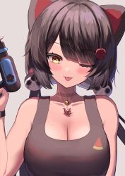  ;p absurdres ami_no_fuda animal_ears bare_shoulders bell black_tank_top blush breasts brown_hair choker cleavage dog_ears dog_girl dog_hair_ornament female flower hair_flower hair_ornament highres inui_toko inui_toko_(2nd_costume) jingle_bell large_breasts long_hair looking_at_viewer low_twintails nijisanji one_eye_closed origami paper_crane red_flower simple_background solo tank_top tongue tongue_out twintails upper_body very_long_hair virtual_youtuber water water_gun white_background wristband yellow_eyes 