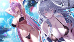  2girls alternate_costume arms_up azur_lane ball beachball bikini black_bikini blush breasts cleavage collarbone commentary_request covered_nipples day hair_between_eyes hair_intakes highres holding holding_ball holding_beachball huge_breasts long_hair long_hair_between_eyes multi-strapped_bikini_bottom multiple_girls outdoors pale_skin palm_tree pink_hair poltava_(azur_lane) side-tie_bikini_bottom sovetsky_soyuz_(azur_lane) standing summer swimsuit tree very_long_hair wet white_hair yuuzuki_hijiri 