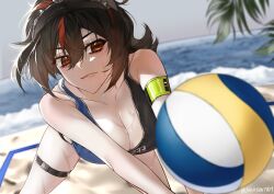  absurdres alternate_costume armband beach beach_volleyball bikini biting_own_lip black_bikini black_hair blue_bikini breasts collarbone female hair_between_eyes highres horizon jaehyun1101 large_breasts looking_at_object metal_hairband multicolored_hair ocean playing_sports red_eyes red_hair solo streaked_hair sweat swimsuit thigh_strap twitter_username two-tone_bikini volleyball zenless_zone_zero zhu_yuan 